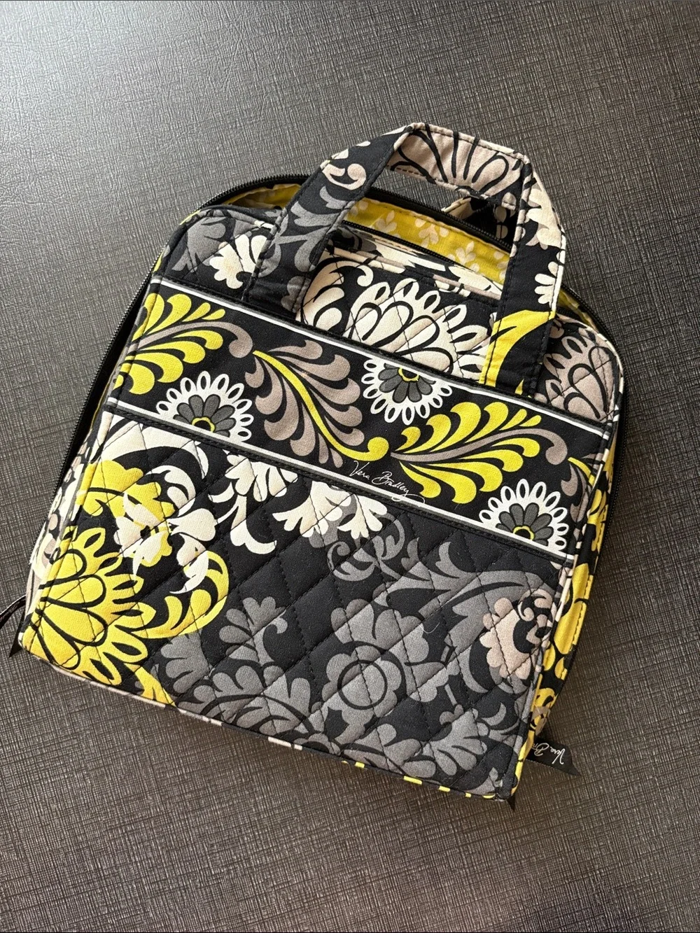 Vera Bradley Black Yellow Gray Floral Quilted Cosmetic Tote
